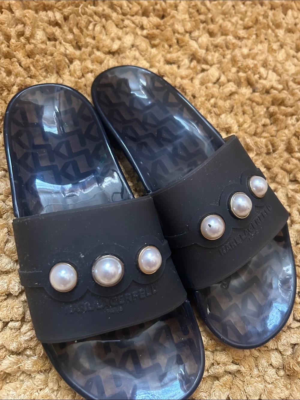 Karl Lagerfeld Kids Black Slide Sandals with Pearl Studs